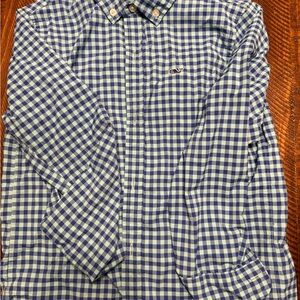 Vineyard Vines Boy’s Navy and Green Plaid Performance Shirt